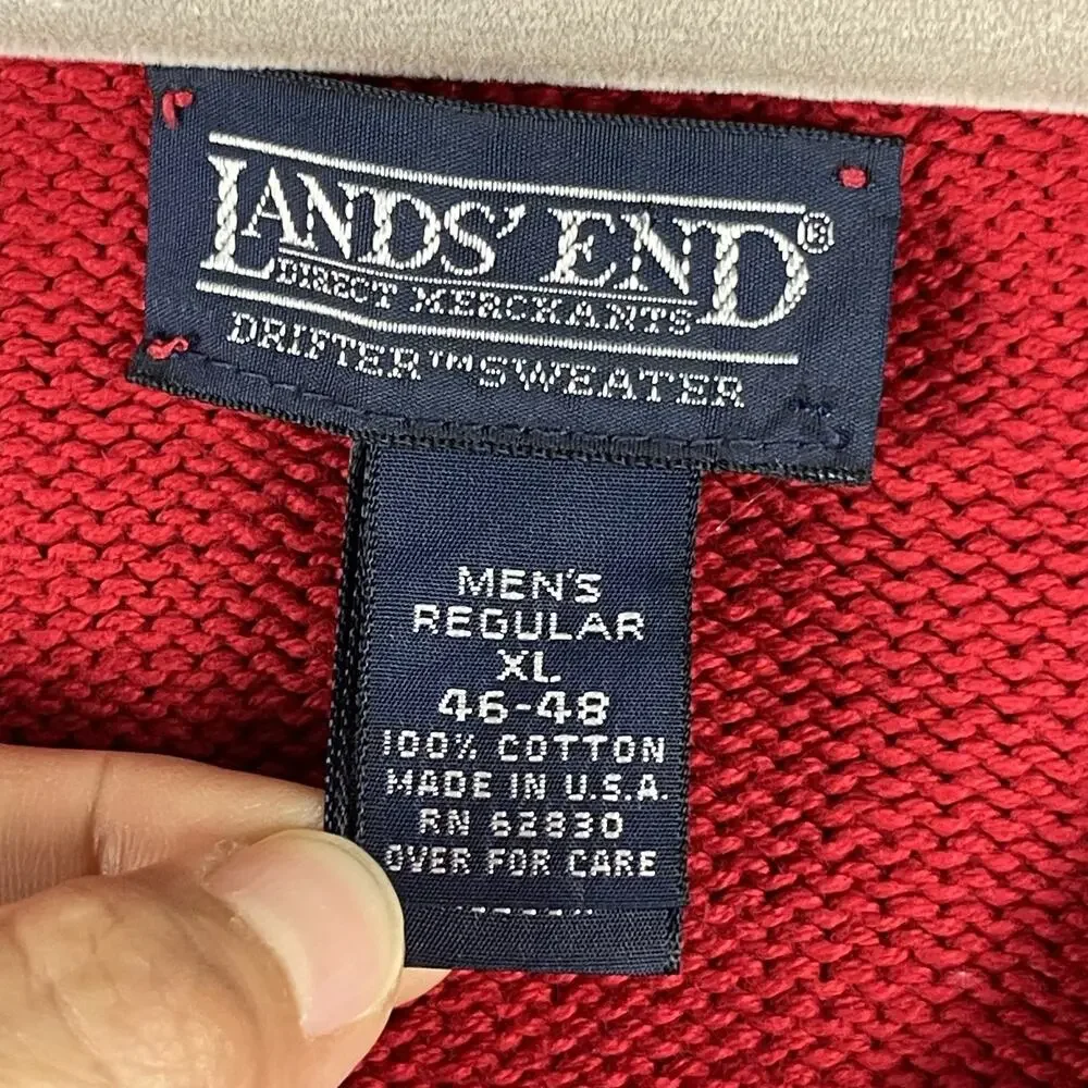 Vintage Lands End Drifter Sweater Mens XL‎ Red Knit Cotton V Neck USA Made 90s
